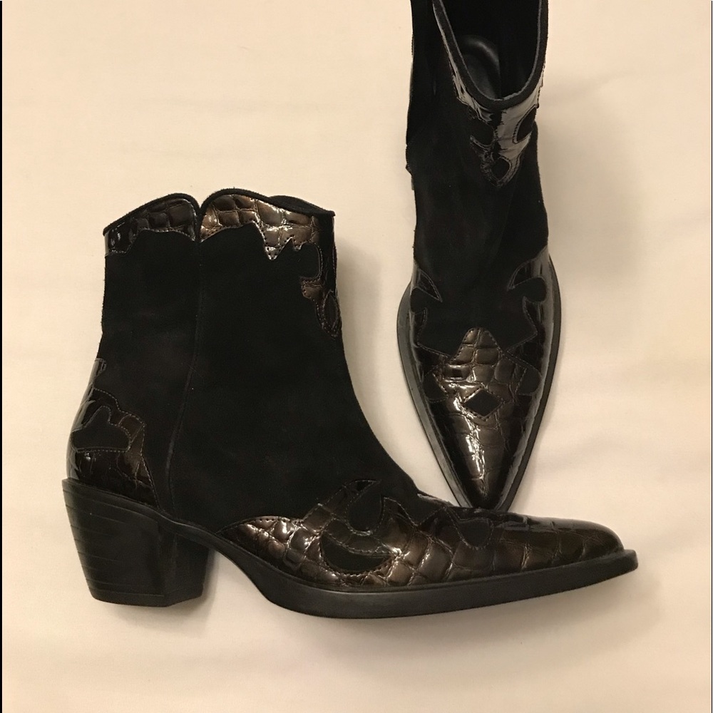 Black Suede Chocolate/Croc Booties. Wednesday Sale